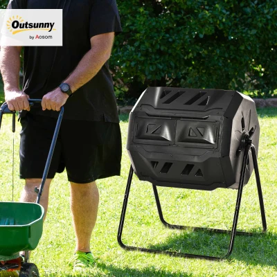 Outsunny Garden Composter - Compost Bin for Waste - 360° Rotating - Double Chamber 160 L - Black, PP & Epoxy Steel