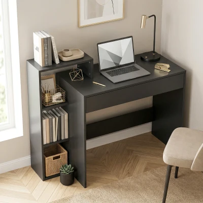 HOMCOM Scrivania PC con 3 Ripiani Aperti Cassetto in Legno Nero