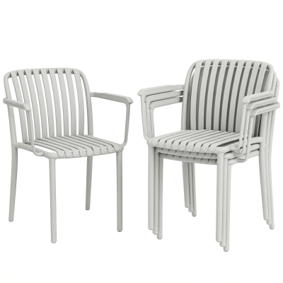 Outsunny Set 4 Scaune de Grădină Stackabile din Polipropilenă Anti-UV, Design Lamelar cu Cotiere, pentru Terasă Balcon Exterior Interior, Gri