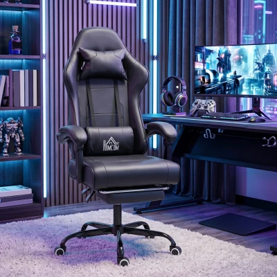 HOMCOM Silla gaming ergonómica, sillón gamer con soporte lumbar masajeador, respaldo reclinable, altura regulable, negro