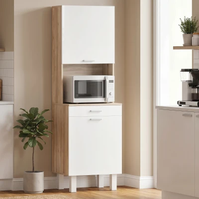 HOMCOM Aparador alto de cocina, armario de cocina con 2 puertas, cajón y encimera, 55x40x174 cm, blanco y madera natural