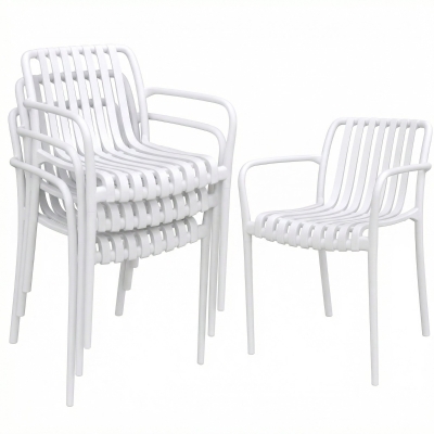 Outsunny Juego de 4 Sillas de Jardín Exterior Apilables de PP con Respaldo Curvado Asiento de Listones 55x58,5x81,5 cm Blanco