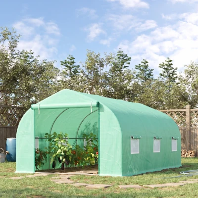 Outsunny Invernadero de Túnel 450x300x205 cm Invernadero de Jardín con 6 Ventanas Cubierta de Polietileno PE 140 g/m² y Estructura de Acero para Cultivo Plantas Jardín Terraza Verde