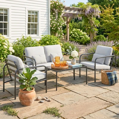 Outsunny Set de salón de jardín 4 piezas en acero con sofá 2 plazas, 2 sillones, mesa, cojines, Gris claro