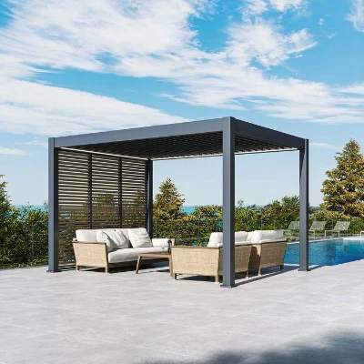 Panneau brise-vue - OMBREA - Ventelles horizontales mobiles - 1 m - Aluminium - Anthracite et ventelles finition bois