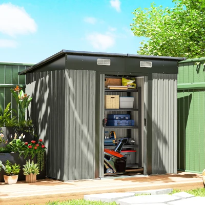 Outsunny Metal Garden Storage Shed with Foundation 7x4ft Light Grey