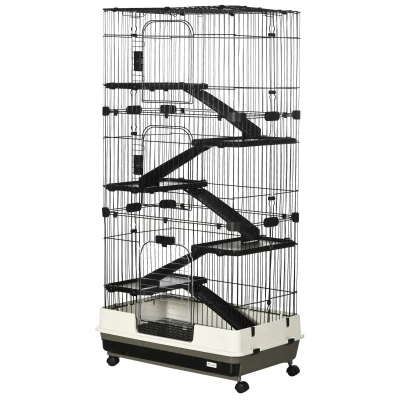PawHut Cage pour lapin enclos à 5 niveaux avec 3 portes 5 rampes plateau amovible roulettes 81 x 52,5 x 159 cm noir et gris