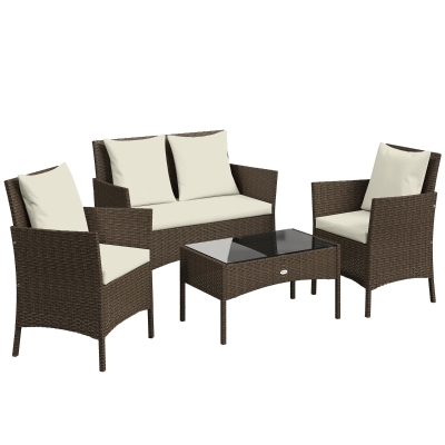 Outsunny Conjunto de Jardín Exterior de Ratán 4 Piezas Incluye Sofá de 2 Plazas 2 Sillas Mesa de Vidrio Cojines Lavables Marrón