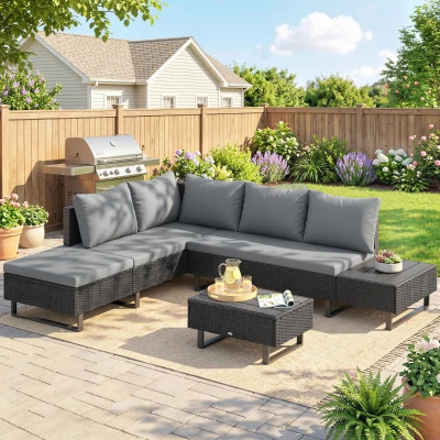 Outsunny 5-Seater Rattan Corner Sofa Set Faux Wood Table Dark Grey