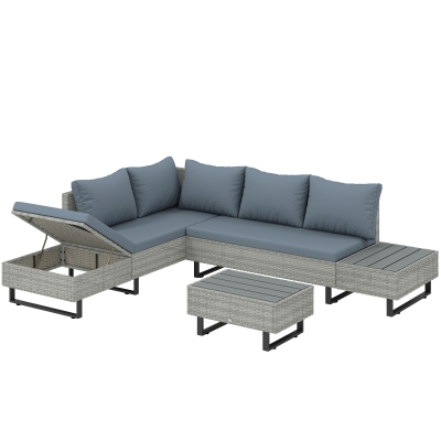 Outsunny 5-Seater Rattan Corner Sofa Set Faux Wood Tables Grey