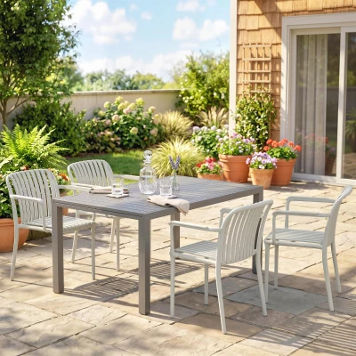 Outsunny Set 4 Scaune de Grădină Stackabile din Polipropilenă Anti-UV, Design Lamelar cu Cotiere, pentru Terasă Balcon Exterior Interior, Gri