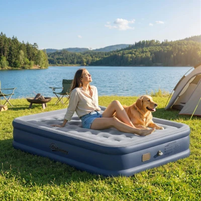 Outsunny Double Inflatable Air Bed Built-in Pump Grey