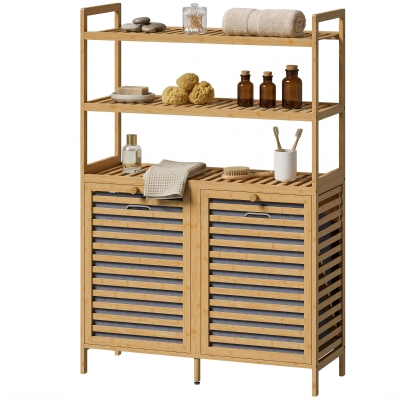 HOMCOM Meuble Salle de Bain Bambou 2 Paniers Étagères Chêne