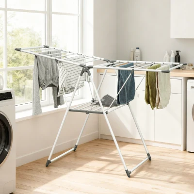 HOMCOM Uscător de Rufe cu 2 Niveluri Reglabil pe 4 Înălțimi, Uscător cu Picioare Antiderapante din Metal și Plastic, 156,5x61,5x97 cm, Alb