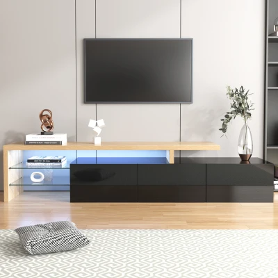 Móvel de TV Moderno com Amplo Espaço de Armazenamento e Iluminação LED 197x39x42 cm, Preto e Madeira
