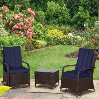 Outsunny 3-Piece Rattan Bistro Set with Cushions Dark Blue