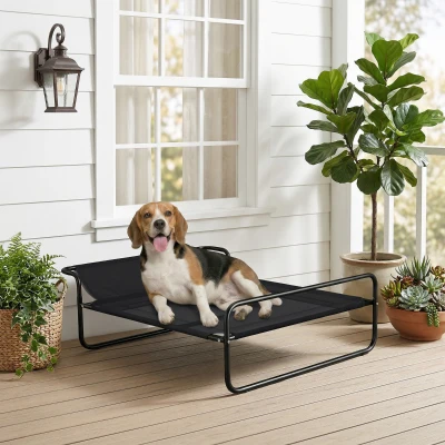 PawHut Lit Chien Surélevé Tissu Noir 91x69x29cm