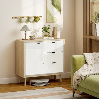 HOMCOM Aparador para Salón Moderno con Puerta 3 Cajones Estante Ajustable para Comedor Entrada 80x35x77 cm Blanco y Roble