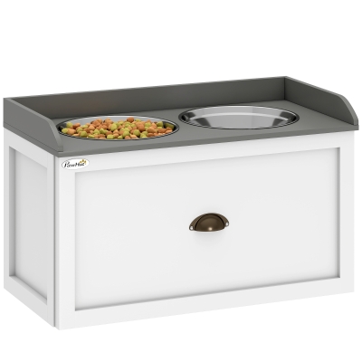 PawHut Gamelle Double Surélevée Tiroir Acier MDF Gris