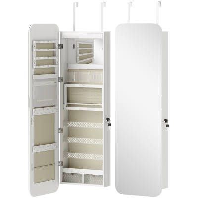 HOMCOM Espelho para Joias com Luz LED Montado na Parede ou na Porta com Fechadura Espelho de Corpo Inteiro 2 Gavetas Branco