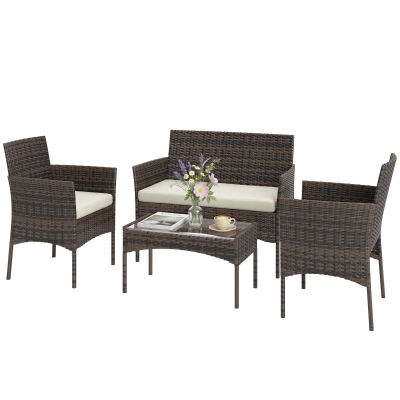Outsunny Salon de Jardin 4P Rotin Beige Marron avec Table Basse