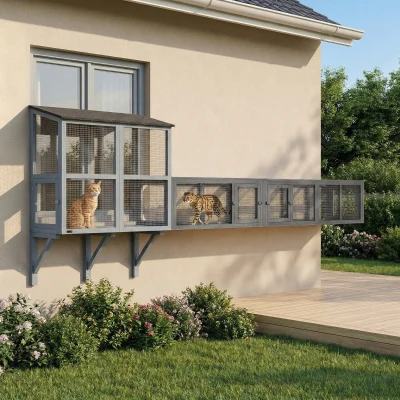 PawHut Wooden Cat Tunnel 250cm 8 Doors Dark Grey