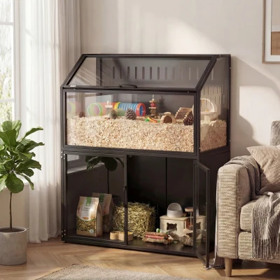 PawHut Cage Hamster Acier Noir avec Armoire de Rangement
