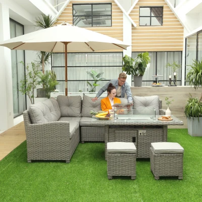 Outsunny 8-Seater Rattan Sofa Set with Fire Pit Table