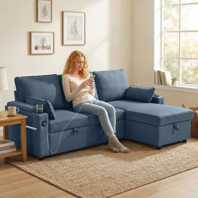 HOMCOM L-Shaped Sofa Bed with Storage Chaise Blue