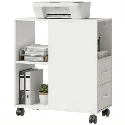 HOMCOM Table d'Appoint Blanc avec Roulettes et Tiroirs 60x30x65cm