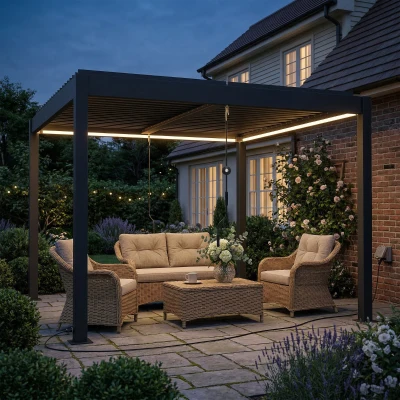Outsunny Pergola 3x3 m aluminium terrasoverkapping met LED-verlichting afstandsbediening verstelbaar lamellendak