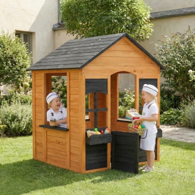 AIYAPLAY Cabane Enfant Bois Extérieur Demi-Porte 3-8 Ans Marron