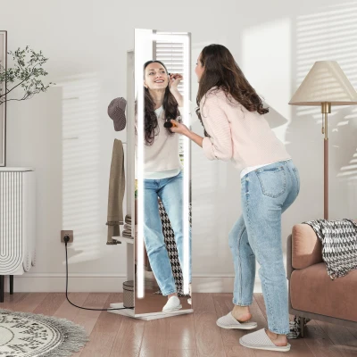 HOMCOM Espejo Joyero con Luces LED Espejo Entero Giratorio de 360° Estantes Abiertos Barras para Colgar Blanco