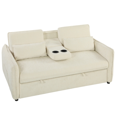 HOMCOM 3-in-1 Verstellbares Schlafsofa, Zweisitzer mit Getränkehaltern, verstellbarer Rückenlehne und Seitentaschen, Beige