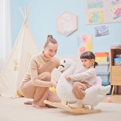 HOMCOM Schaukeltier Schaukelpferd mit Sicherheitsgurt Musik, 57 cm Baby Schaukel aus weichem Plüsch Schaukelspielzeug Spielzeug Wippe für Baby Kinder Kleinkinder ab 18 Monate Holz