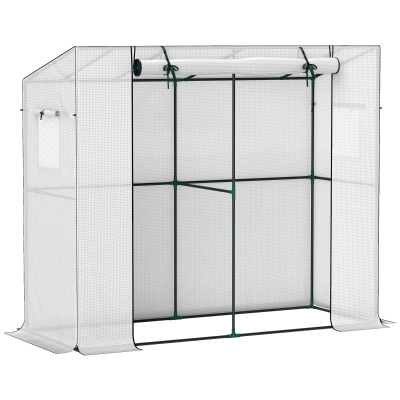 Outsunny Mini-Gewächshaus, Anlehn-Gewächshaus mit Rolltür und Netzfenstern, UV-beständig, für Blumen, Setzlinge, Pflanzen, Weiß