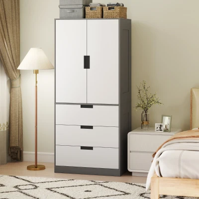 HOMCOM Modern Wardrobe Grey with 3 Drawers & Hanging Rod