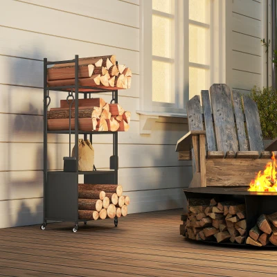 Outsunny Chariot range bûches intérieur, porte-bûches roulettes, 4 outils de cheminée, 4 étagères, métal, 45 x 30 x 118 cm, noir