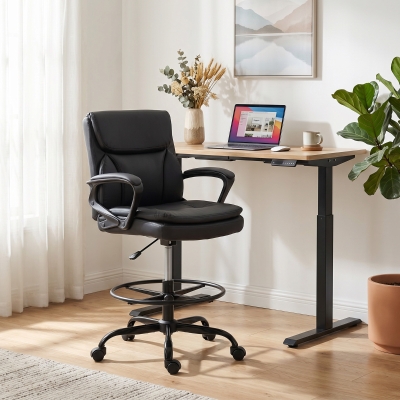 HOMCOM Cadeira de Desenho Cadeira de Escritório Ergonómica Giratória com Altura e Descanso para os Pés Ajustável Preto