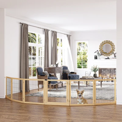 PawHut Barrera de Seguridad para Perros Plegable de Madera para Escaleras y Puertas con Soporte de Pie 432x36x70 cm Natural