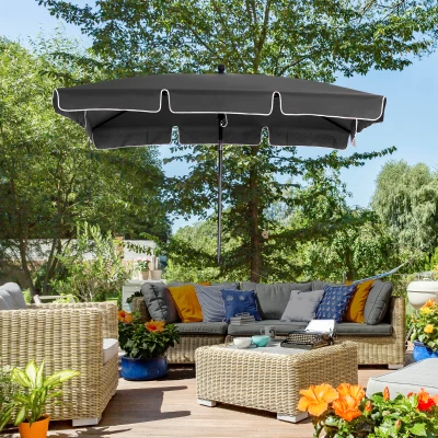 Outsunny Garden Parasol Umbrella - Outdoor Market Table Umbrella with Ruffles & Aluminium Pole, Rectangular Tilting Parasol Sun Shade Canopy, 2 x 1.3m, Grey