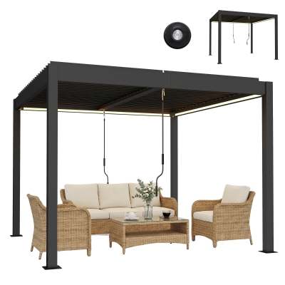 Outsunny Pergola 3x3 m aluminium terrasoverkapping met LED-verlichting afstandsbediening verstelbaar lamellendak
