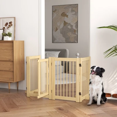 PawHut Barrera de Seguridad para Perros Plegable de Madera para Escaleras y Puertas con Soporte de Pie 204x36x75 cm Natural