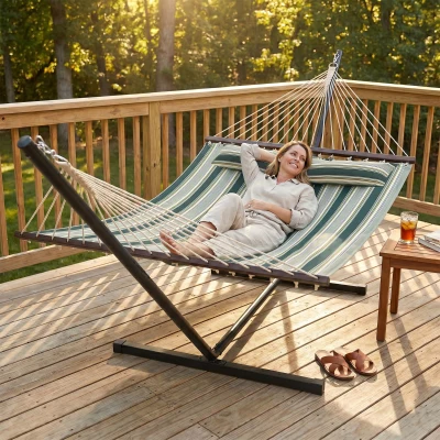 Outsunny Hamac 353cm Vert avec Support Acier et Coussin