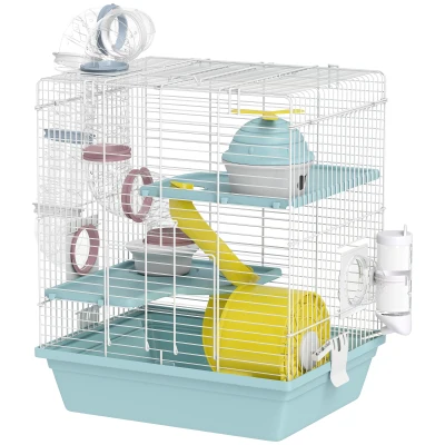 PawHut Cage hamster, cage rongeur à 3 niveaux, avec roue d’exercice, tunnel de jeu, gamelle, cabane, 34,5 x 27,5 x 41 cm, bleu