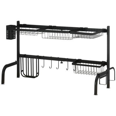 HOMCOM Égouttoir à vaisselle au-dessus de l'évier séchoir à vaisselle 2 niveaux, modulables en acier, 93 x 30 x 52 cm, noir