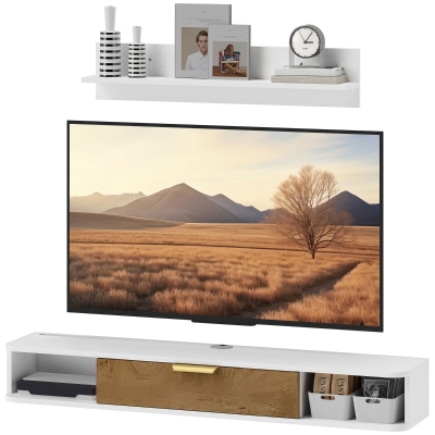 HOMCOM Meuble TV Suspendu avec Étagère Murale Bois Blanc