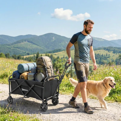 Outsunny Bollerwagen Faltbarer Handwagen mit Griff Verstellbarer Griffhöhe bis 68 kg Tragkraft für Sport Einkauf Camping Schwarz