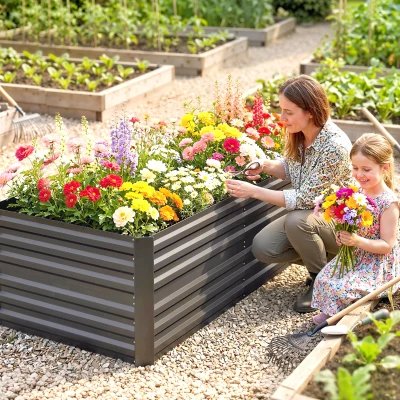 Outsunny Pflanzenkübel, Handliches Blumenbeet zum Anpflanzen, Hegen und Pflegen, Hochbeet, Stahl, Dunkelgrau