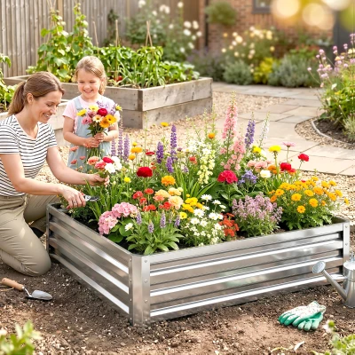 Outsunny Gartenbeet, Pflanzkasten mit Stahlgehäuse, Silber, 120 x 120 x 30 cm